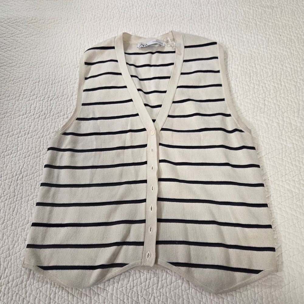 Zara Womens Cream Navy Blue Striped Button Up Knit Sweater Vest Size Large L